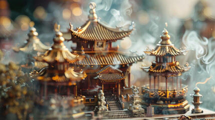 Obraz premium Magnificent Chinese-style Miniature Palaces Crafted from Amethyst and Gold, Surrounded by Bronze Statues and Smoke