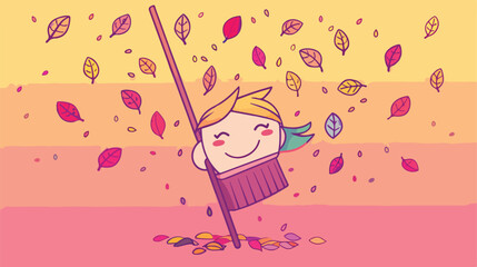 Kawaii cartoon rake leaves with wooden stick illustration in design 
