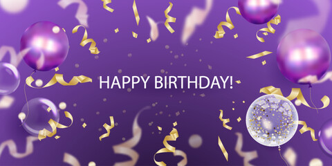 Horizontal birthday posters, postcards, headlines for the website. Dark purple background with sequins, balloons and streamers in gold