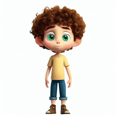 a boy with brown hair standing happy alone on a white background. cartoon illustration of a curly hair man. made with generative AI
