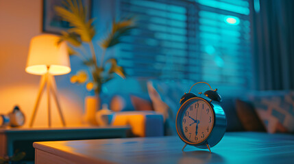 Stylish alarm clock on table in room