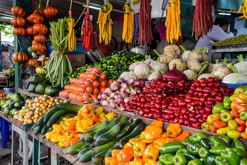 Vibrant display of fresh vegetables and fruits at an outdoor market. Ai generated