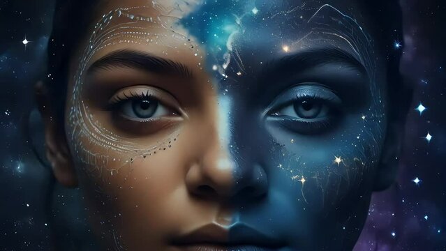 A double exposure close-up revealing the merging of two faces, one adorned with intricate tribal markings and the other with cosmic constellations, against a backdrop of swirling galaxies.