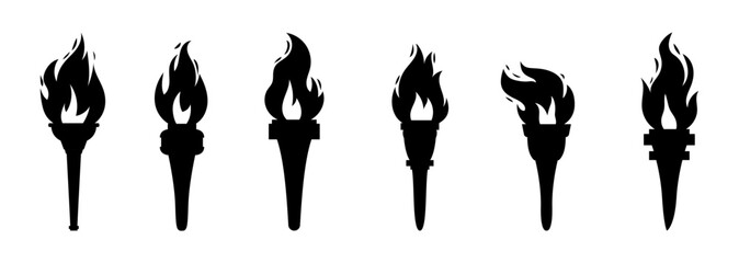Vector burning flame torches black shapes set icons isolated on white background. Sport flat style games victory silhouette symbols collections. Winner abstract sign.