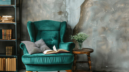 Stylish armchair with pillow and book in room