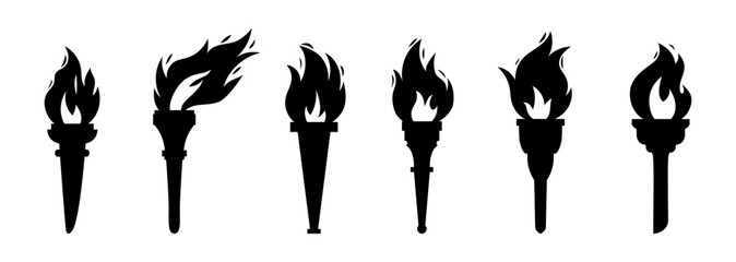 Vector burning flame torches black shapes set icons isolated on white background. Sport flat style games victory silhouette symbols collections. Winner abstract sign.