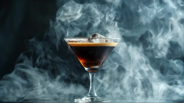 Alcoholic cocktail coffee based in marini glass with ice cubes, on a dark background surrounded by cooling swirling white steam