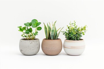 
Cosy Minimal House Plants Boho House Plant Trio in Stonewear Rustic Pots | Modern Minimalist Aesthetic Trending | Neutral Tones with White Background | Clear Space for Text 