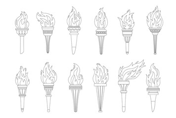 Vector burning flame torches black line set icons isolated on white background. Sport flat style games victory outline symbols collections. Winner abstract sign