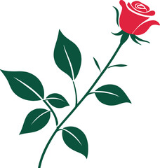 Vector illustration of a single rose with leaves and a stem on a white background