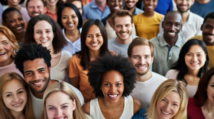 From directly above multi ethnic large group of people looking at camera