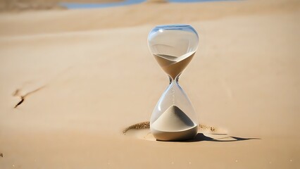 A sand timer is sitting in the sand on a beach