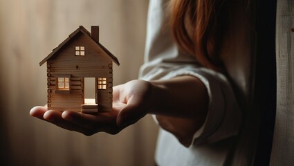 A woman hand holds wooden house silhouette	