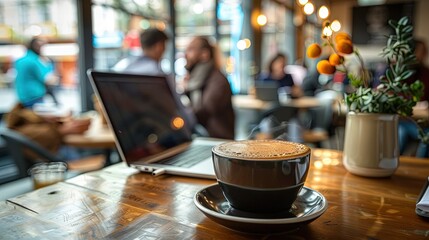 A candid scene in a bustling urban cafe, a freelancer working on a laptop with a large cup of artisan coffee next to it, people in the background engaging in conversations
