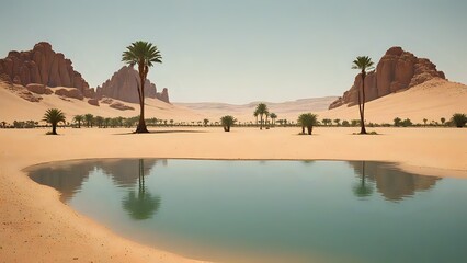 A desert scene with a small pond in the middle