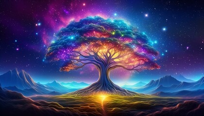 Shining tree of life, spiritual and religious symbol of power and consciousness
