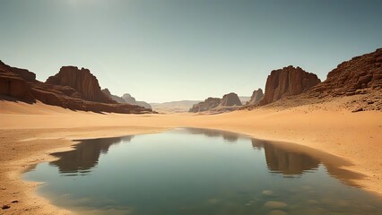 A desert landscape with a large body of water in the middle - Powered by Adobe