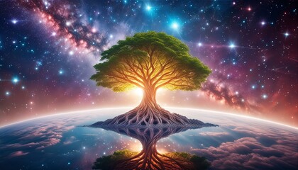 Shining tree of life, spiritual and religious symbol of power and consciousness