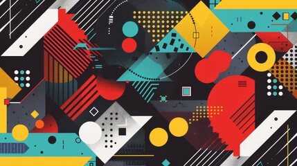 A vibrant mix of geometric shapes and patterns in a bold abstract design