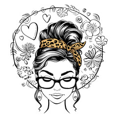 2024 mother day motherhood vector design, messy bun hair mama illustrastion with leopard patteern