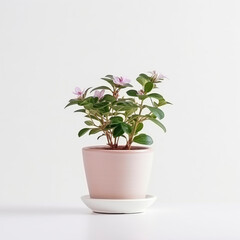 Obraz premium Serene potted plant with delicate purple flowers, isolated on a clean white backdrop