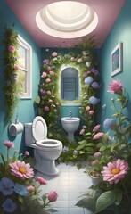 Perfumed bathroom with toilet concept with toilet full of flowers for a good smell.