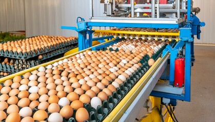 Highly efficient egg sorting equipment in a bustling commercial egg production facility