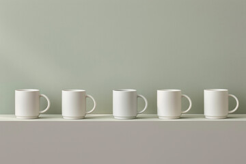 Fototapeta premium A series of minimalist ceramic or porcelain mugs with clean lines and matte finishes, arranged in a row on a solid-colored shelf, inviting relaxation and indulgence with every sip. 