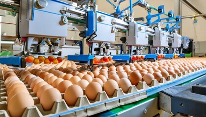 Highly efficient egg sorting equipment in a bustling commercial egg production facility