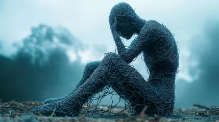 Plexiglas schilderij Abstracte kunst Sculpture Of A Man Made Of Wire. Illustration On The Theme Of Art And Art Objects. Generative AI  © MICHAEL KUK