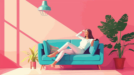 Obraz na płótnie Canvas Mature woman relaxing on sofa near pink wall Vector style