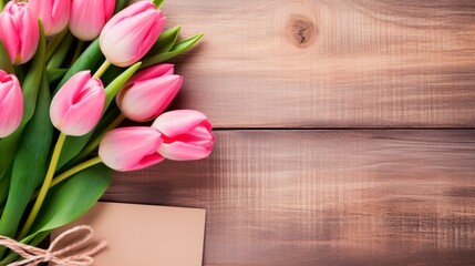 Blumenstrauss aus pinken Tulpen auf Holz Tisch Hintergrund