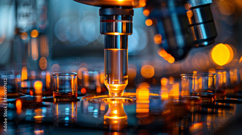 Poster a close-up view of a high-tech microscope focusing on a sample in a vibrant, illuminated laboratory 