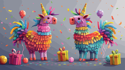 Mexican pinatas with gifts and balls on grey backgroundd