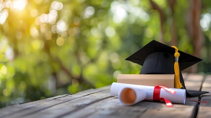 Graduation cap and diploma on wooden table with blur nature background, Generative AI illustrations.