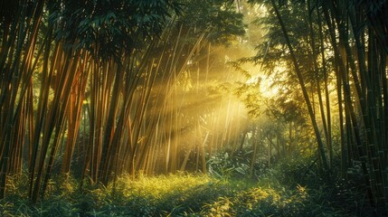 Sunset light shining through a bamboo forest