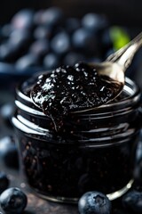 Blueberry jam. Spoon scooping homemade blueberry jam from a glass jar surrounded by fresh blueberries