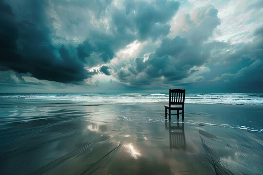 A single chair facing the sea on a deserted beach, with storm clouds gathering above, reflecting solitude and introspective mood , high definition