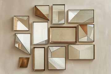 A collection of modern geometric wall mirrors in various sizes and finishes, arranged in a cluster on a colored background. 