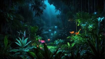 Mystical forest with glowing blue mushrooms and lush greenery