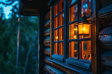 A cozy mountain lodge viewed from outside, with warm light glowing from windows, offering a retreat after a long days journey , macro