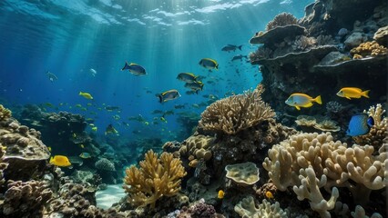 Fototapeta na wymiar Vibrant underwater coral reef with tropical fish and sunlight