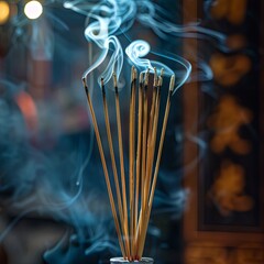 A detailed view of burning incense sticks, with smoke curling upwards, used in rituals and for creating calming atmospheres , macro