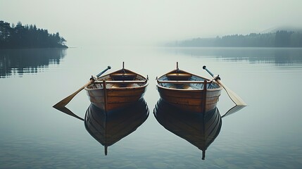 A pair of rowboats with oars crossed, floating beside each other on a calm lake, representing...