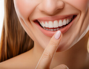 Fototapeta premium Woman lips beauty pointing finger to show healthy gums