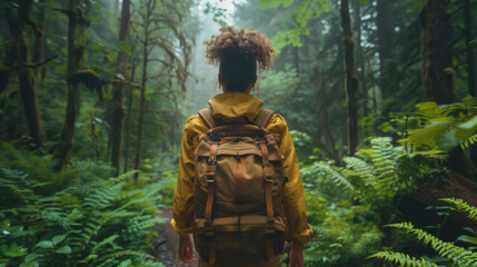 A young woman with a backpack hiking alone through a dense, misty forest, surrounded by lush greenery.