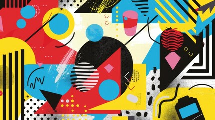 Vibrant digital collage of abstract shapes and patterns