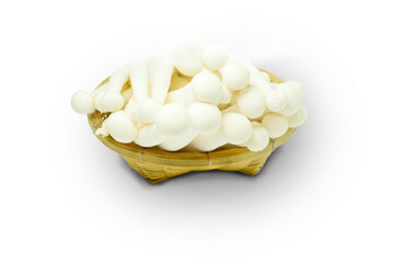 White Crab Mushroom, Bunapi Shimeji Mushroom, in wooden basket with clipping path, isolated on white background, top view, flay lay.