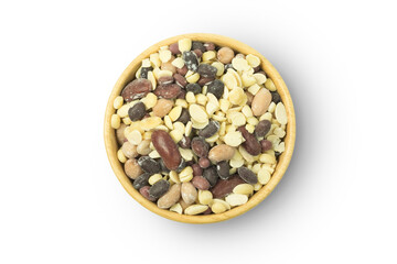 Dried boiled beans, legumes, mixed with tempeh starter powder in wooden bowl, isolated on white background, clipping path, top view, flat lay.