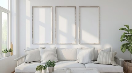 render of three vertical blank frames in a mockup cozy living room, a white sofa with striped pillows and a wooden white table near a window with natural light, white walls